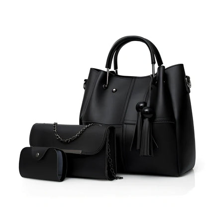 White three-piece tassel messenger bag set with 27x26x13cm main PU bag, zipper closure, and internal pockets for women