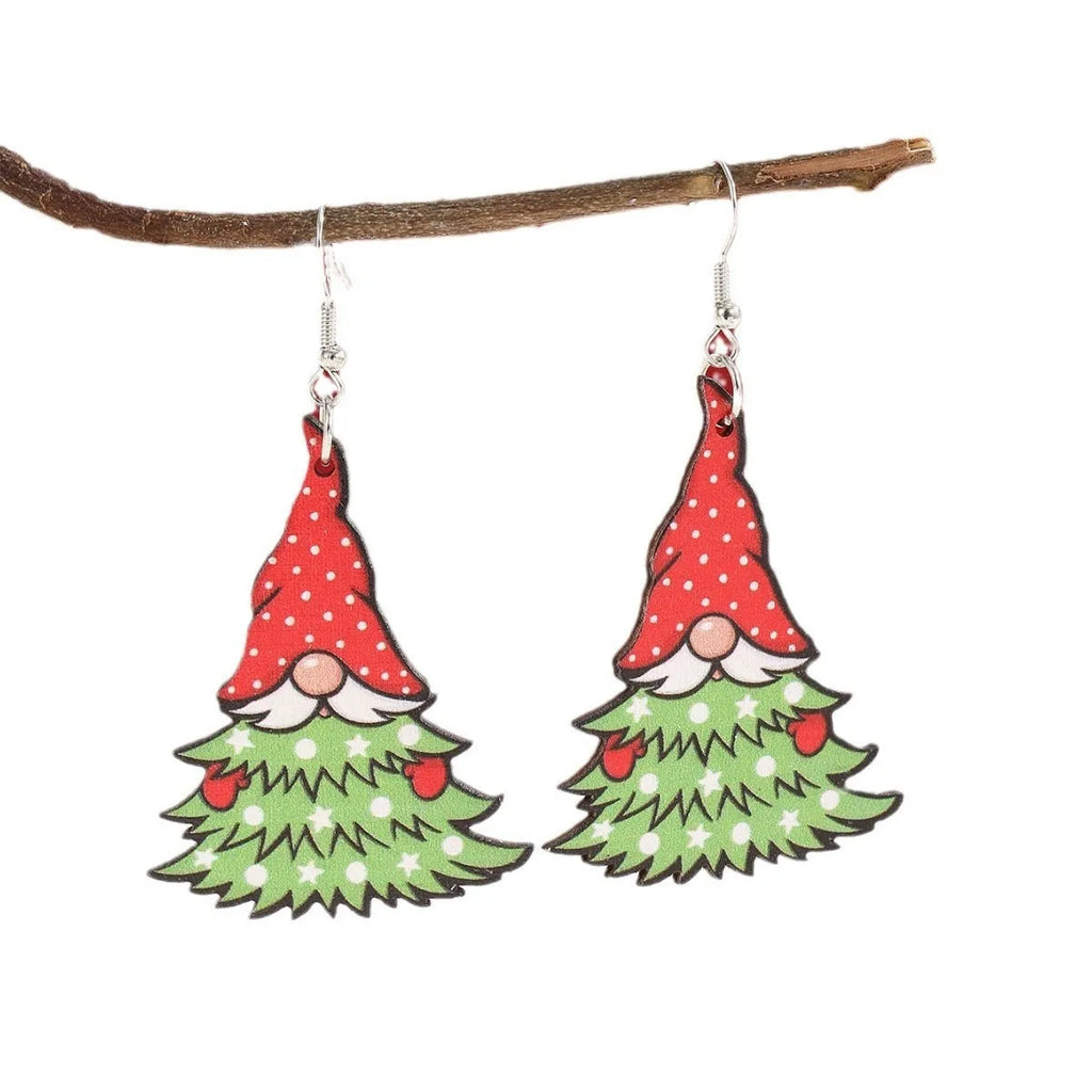 Wooden Christmas earrings with printed geometric tree and snowman designs