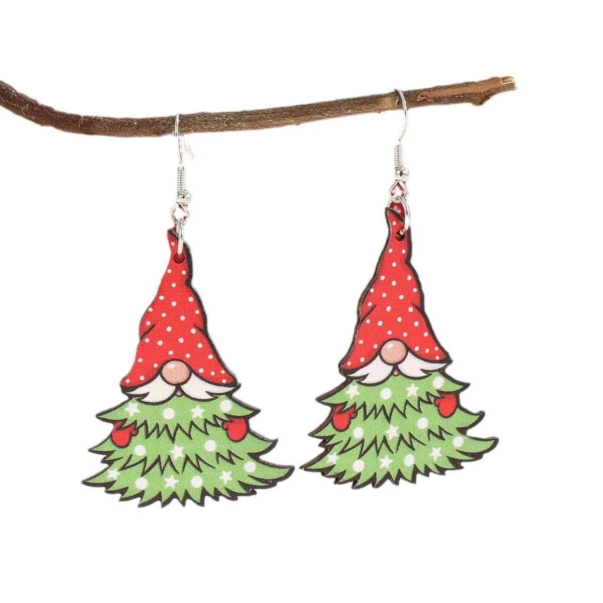 Wooden Christmas earrings with printed geometric tree and snowman designs