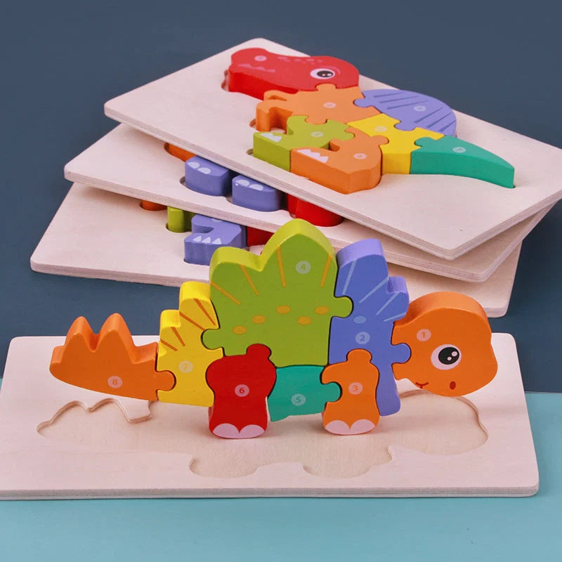 Sustainable wooden dinosaur 3D puzzle set for children, including six different models.