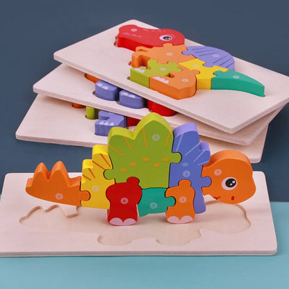 Sustainable wooden dinosaur 3D puzzle set for children, including six different models.