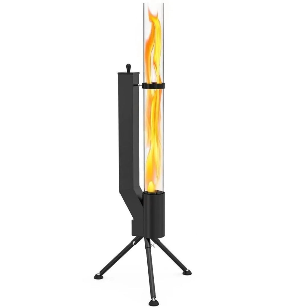 Vertical iron wood burning rocket furnace stove for outdoor courtyard heating.