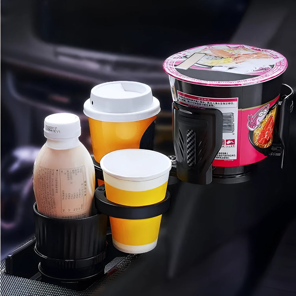 Black ABS plastic car dashboard cup holder with a retractable base shown in extended and retracted positions.