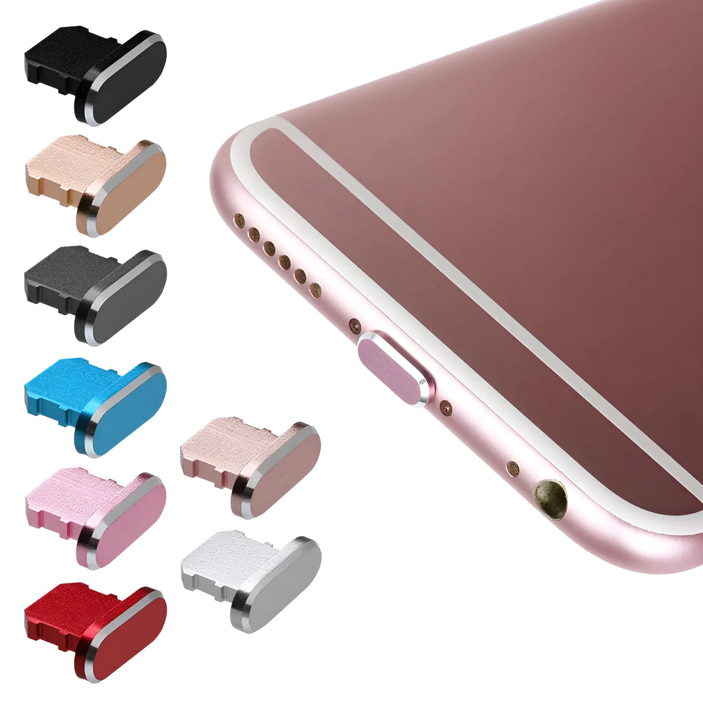 Aluminium alloy iPhone charging port dust plug in silver, shown next to an iPhone.