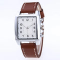 Men's quartz analog watch with metal case, leather band, and easy-to-read face