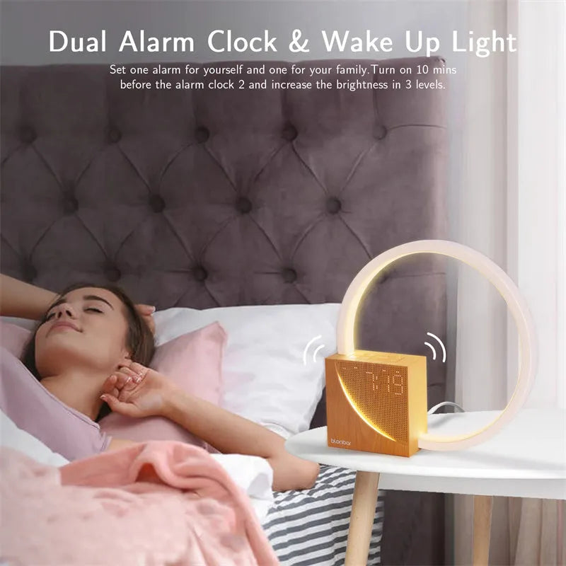 Navy blue wooden finish touch control bedside lamp with digital alarm clock display