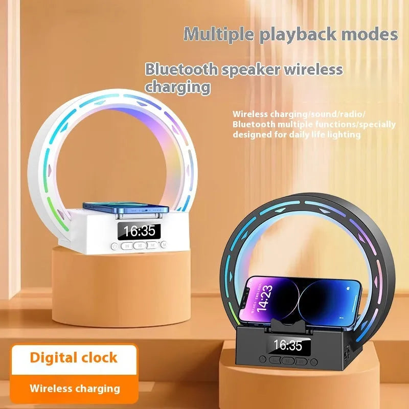 White multifunction bedside unit with wireless charging pad, Bluetooth speaker, digital clock display, and adjustable lighting