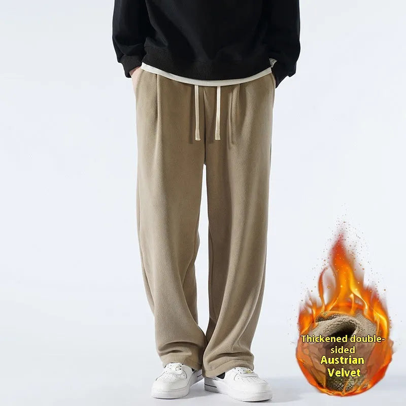 Men's double-sided polar fleece winter trousers in apricot colour showing loose Korean style and drawstring waist