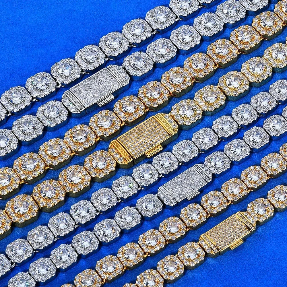 Gold full diamond men's bracelet with rock sugar chain on copper base, 10mm width