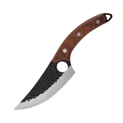 Hand hammered stainless steel boning knife with leather case