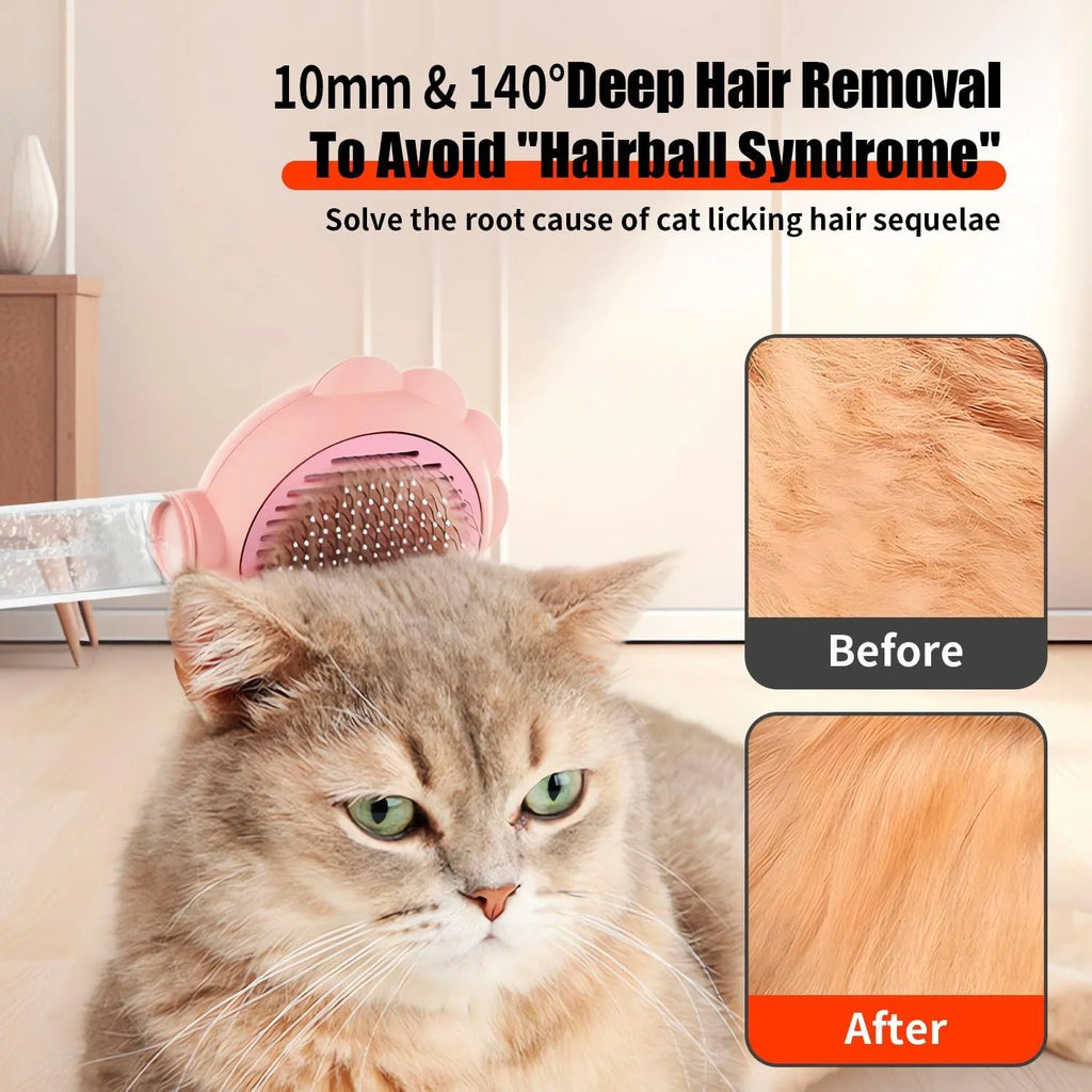 Grey spray cat brush with release button next to a cat, showing curved stainless steel bristles.