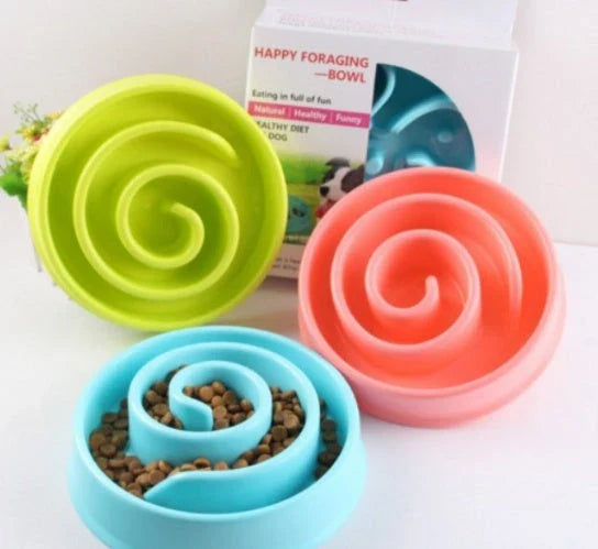Anti-choke plastic dog bowl in pink, blue, green, and yellow