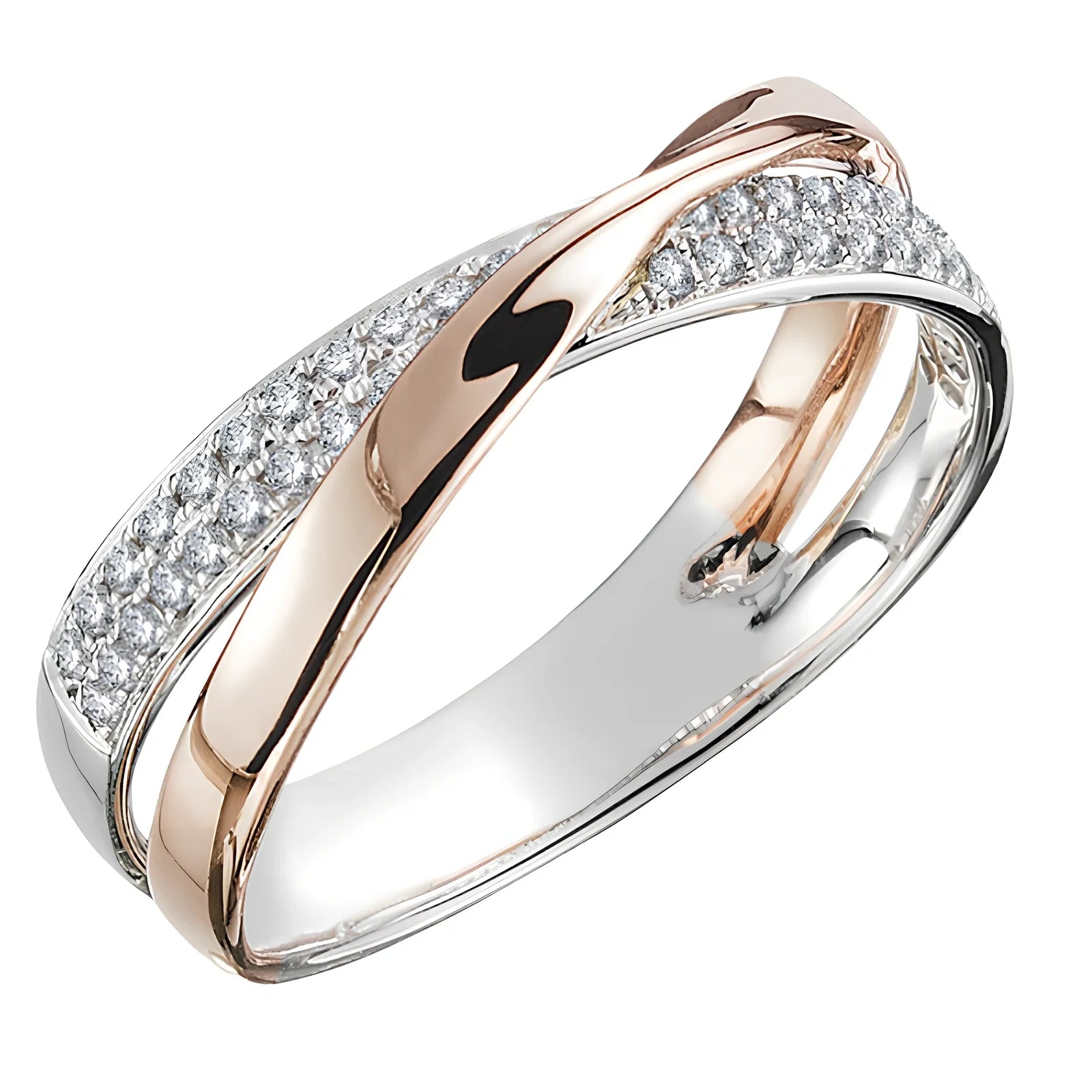 Women's X-shaped two-tone copper ring with zircon inlays, gold and silver options, sizes 6-10, 3.9g weight