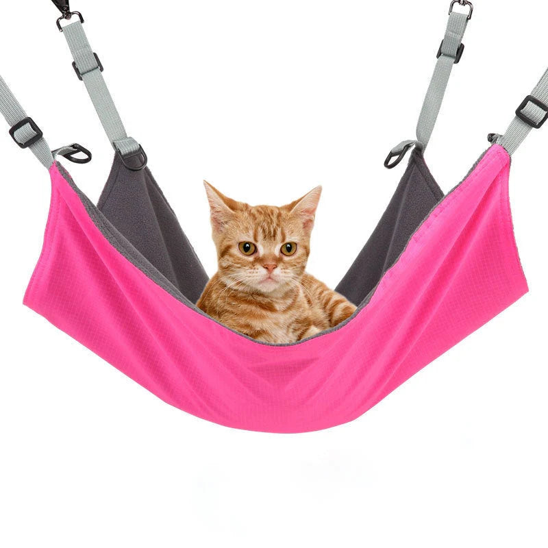 Small cat and dog hanging hammock with plush and waterproof sides in red, blue, and black