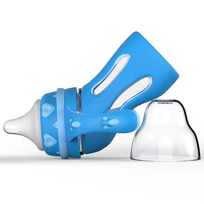 Glass baby bottle with temperature-sensitive silicone sleeve and USB milk warmer in sky blue