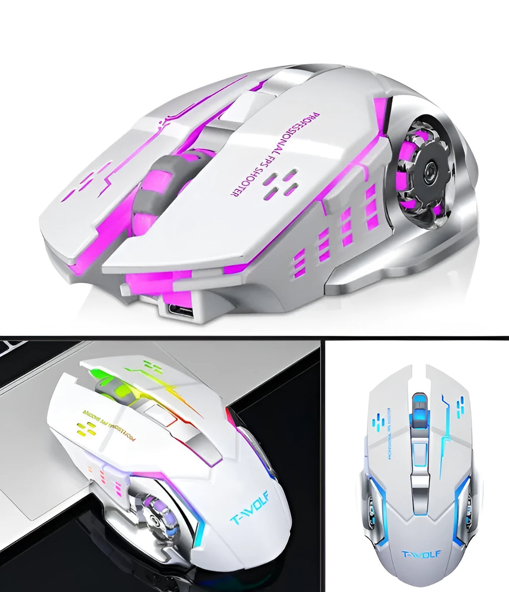 Wireless charging mouse with silent clicks in black or white, showing six buttons and USB connector