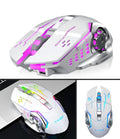 Wireless charging mouse with silent clicks in black or white, showing six buttons and USB connector