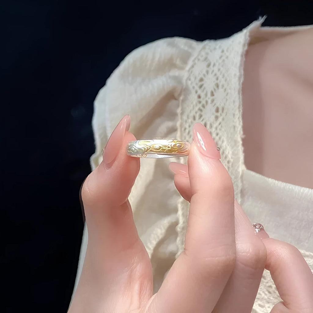 White copper open mouth ring with Xiangyun pattern in electroplated silver gold finish