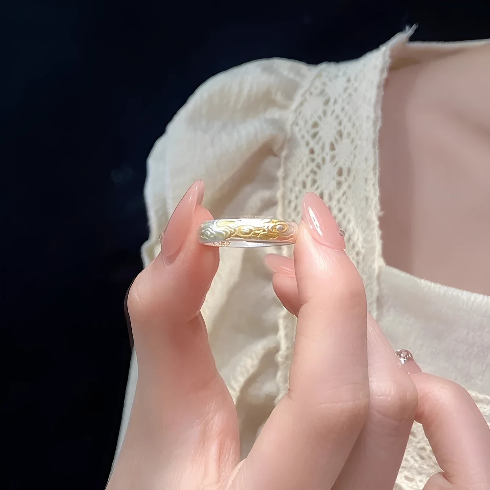 White copper open mouth ring with Xiangyun pattern in electroplated silver gold finish