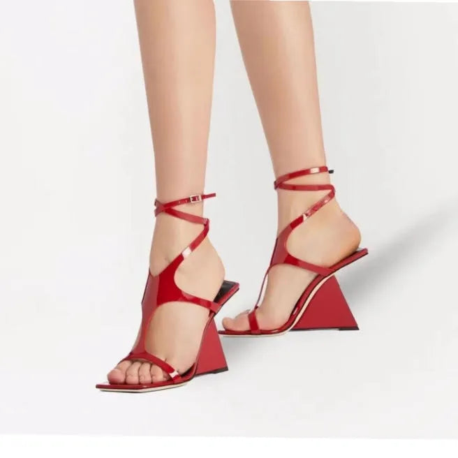 Women's black square toe high heel sandals with a 9.5cm block heel and button fastening.
