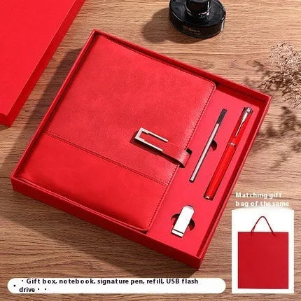 A5 soft PU leather business notebook in choice of five colours, shown with wood-free paper pages and optional gift box.