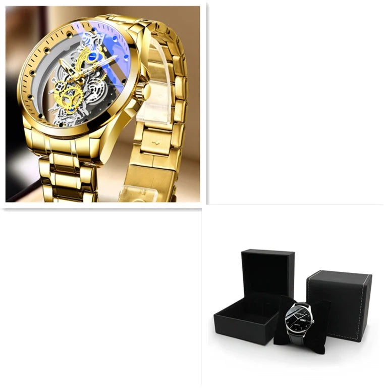 Men's skeleton automatic quartz watch with gold finish and mineral glass