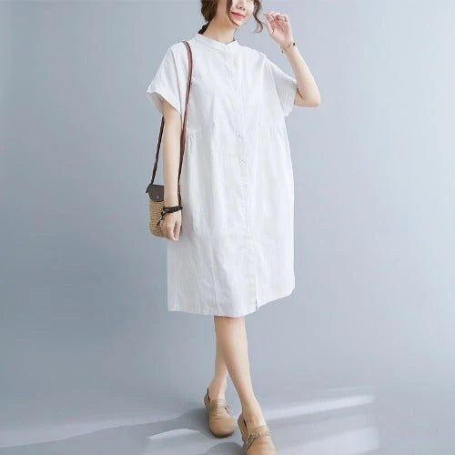 Literary loose plain cotton and linen stand collar short sleeves dress in black and white