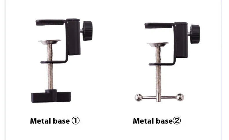 Black foldable metal desktop bracket holding a tablet at an adjustable angle on a desk.