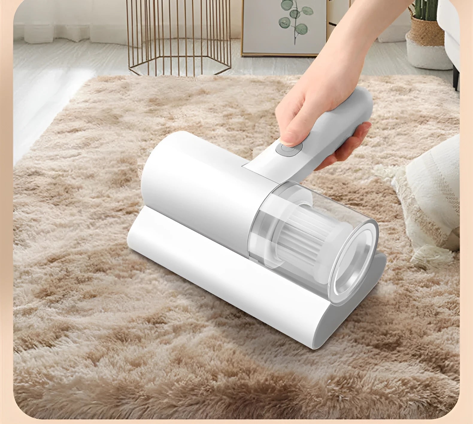 White wireless mite removal instrument with UV sterilization and 300W motor on a bed