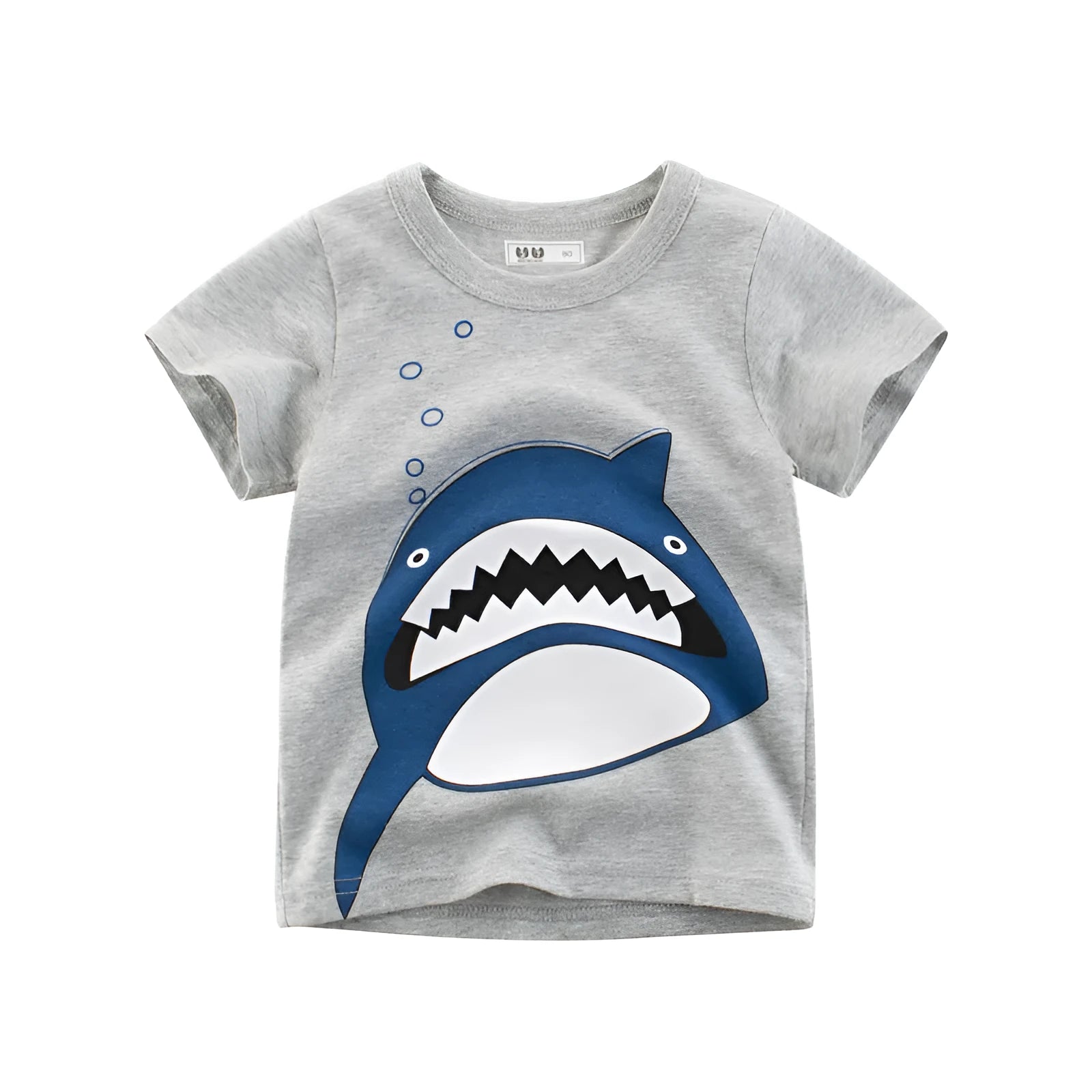 Grey cotton children's T-shirt laid flat, showing plain front and detailed size label.