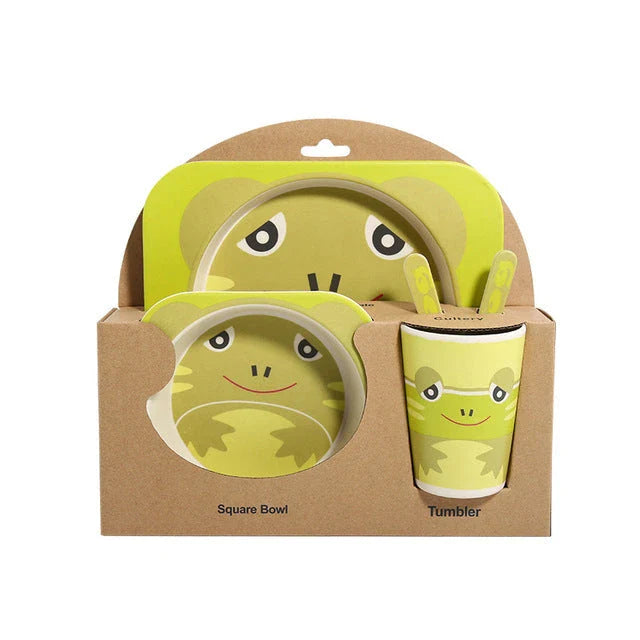 Five-piece bamboo fibre children's tableware set with vibrant animal-themed designs