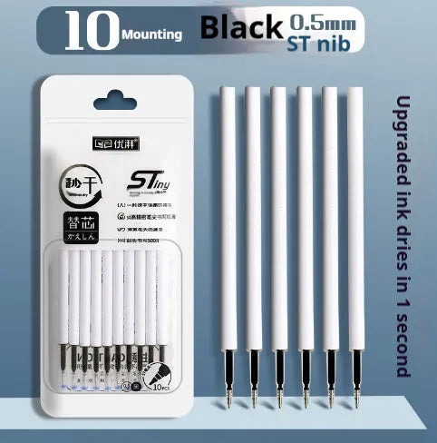 Pack of 10 quick-drying push bullet pen refill cartridges in black, red, blue, and ink blue.