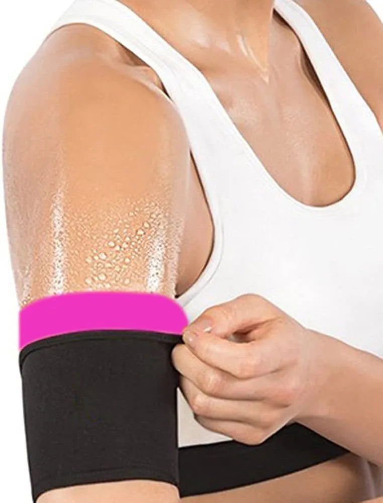 Adjustable arm sweatband in blue colour with binding strap, shown on an arm.