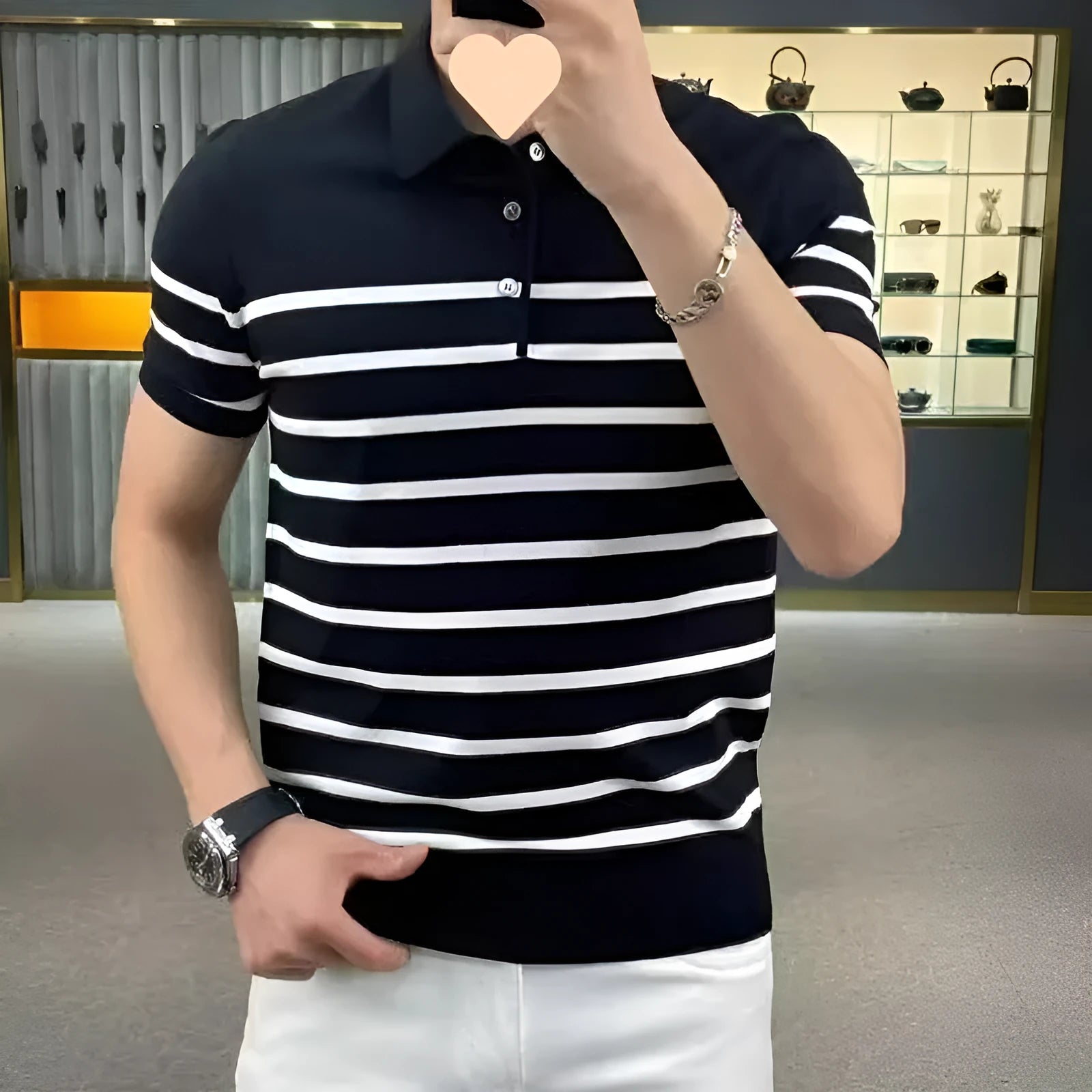 Black and white striped knitted T-shirt with a lapel collar, shown in Asian sizes M L XL 2XL 3XL.