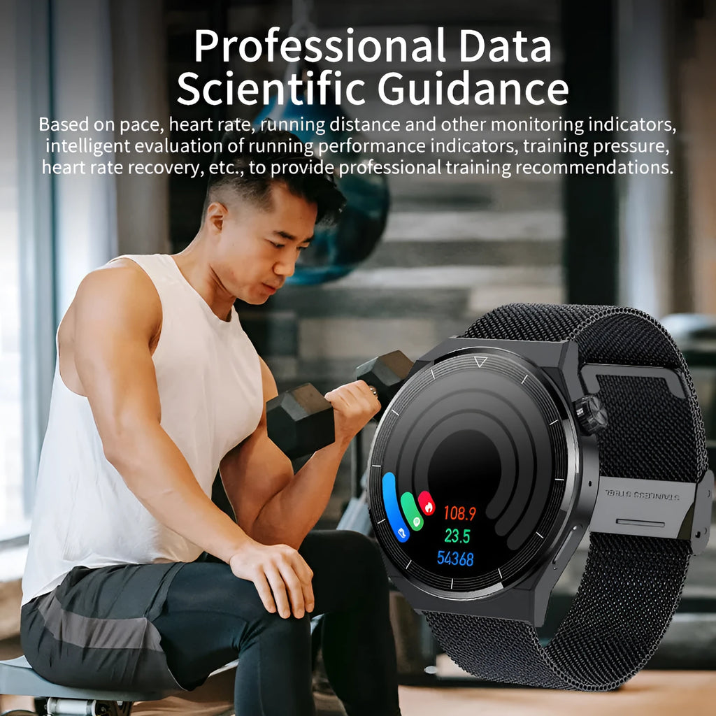 Black silicone strap smartwatch with silver vinyl case showing a TFT touch screen display.