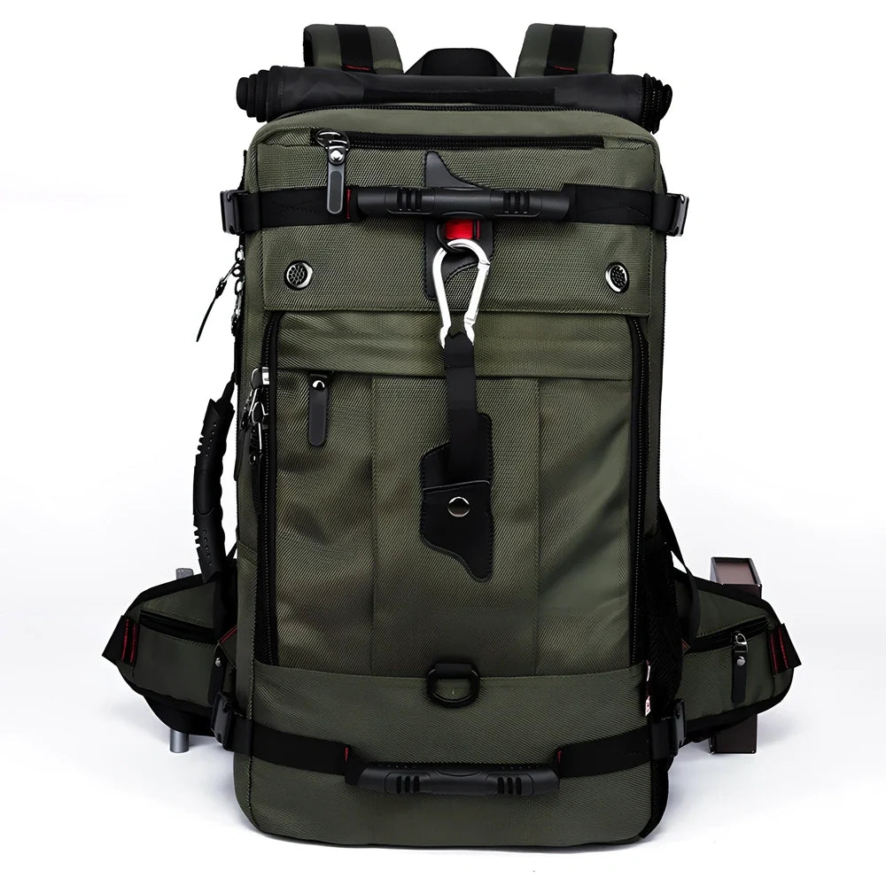 Multifunctional travel bag with multiple compartments in black, green, or blue colours showing 40L and 50L size options