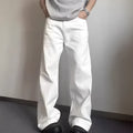 Men's white straight-leg cotton denim jeans on a hanger, showing the mid waist and wide leg opening.