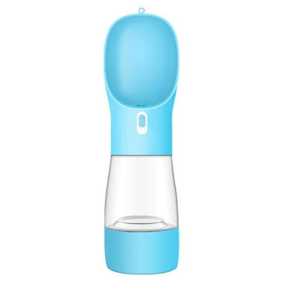 Portable pet water bottle with food bowl, perfect for outdoor adventures with your furry friend.