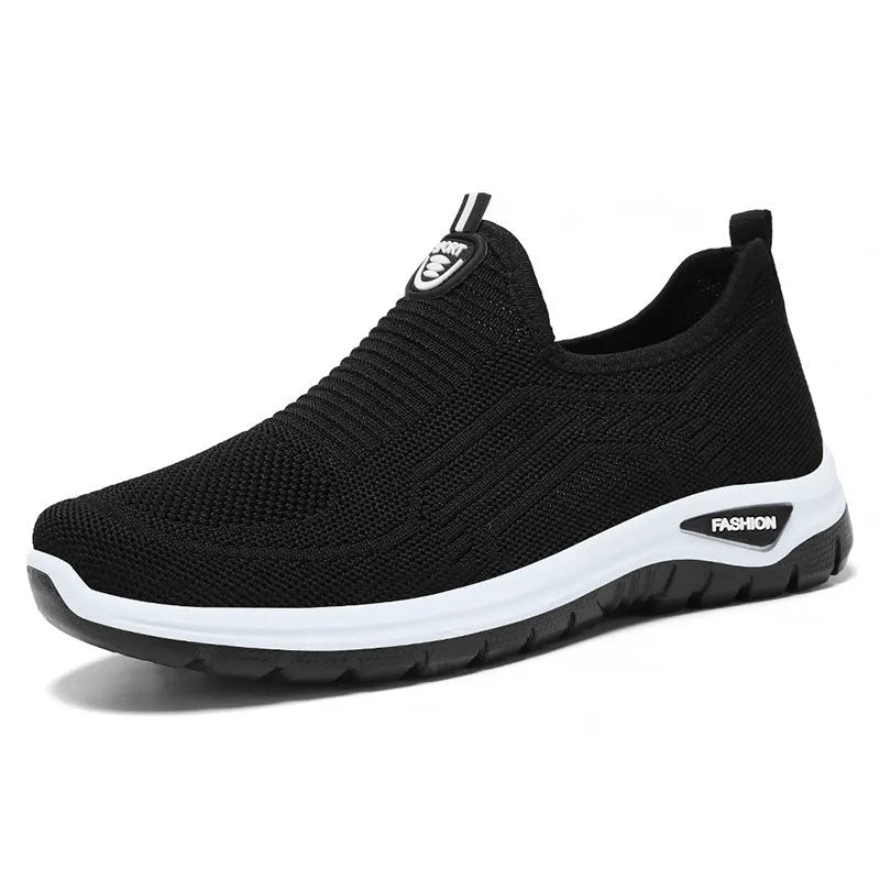 Men's grey breathable casual slip-on shoes with mesh detailing and a round toe.