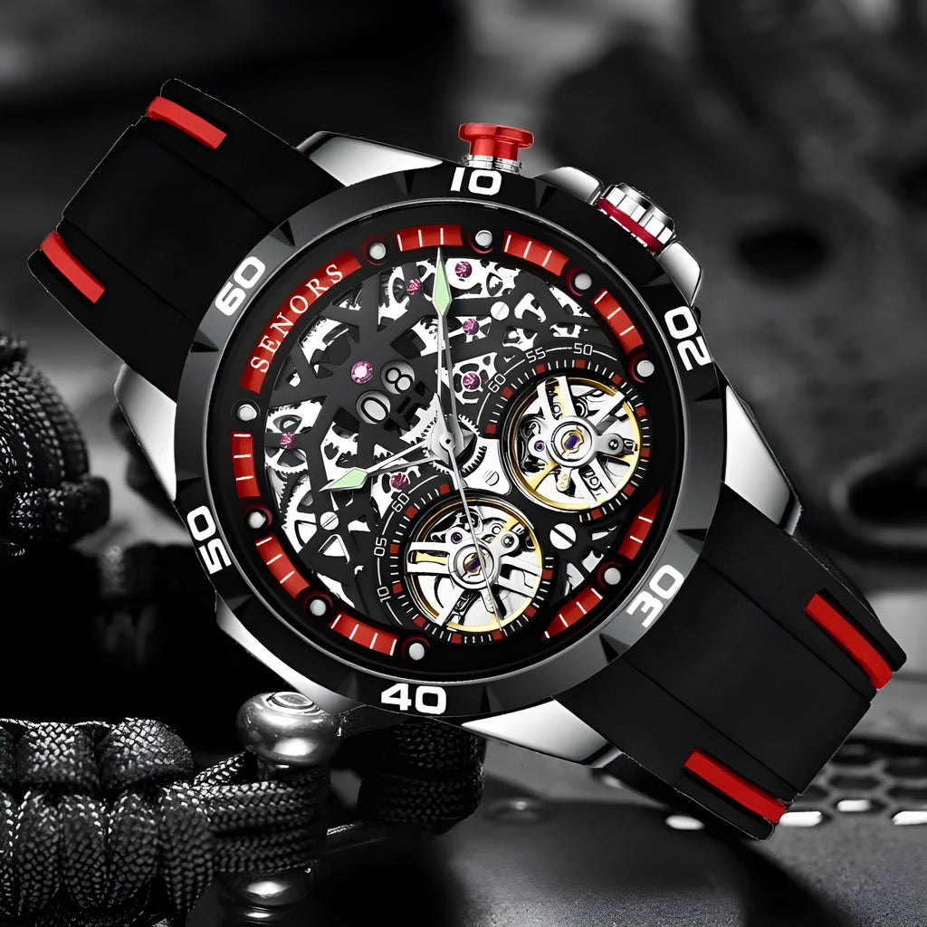Men's automatic mechanical skeleton watch with luminous hands on a wrist, showing blue or red colour variant.