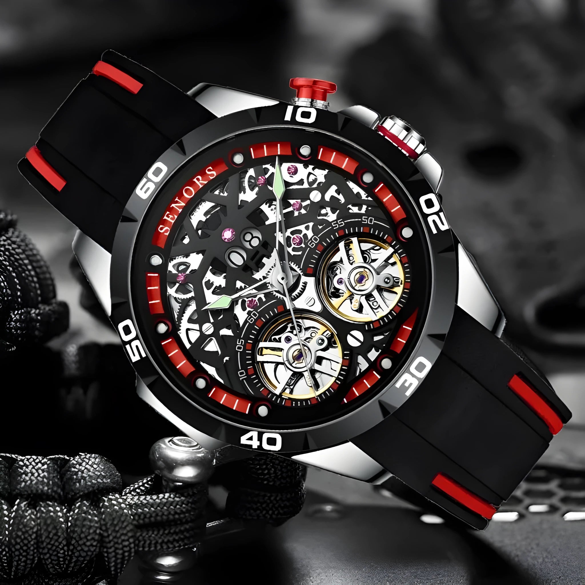 Men's automatic mechanical skeleton watch with luminous hands on a wrist, showing blue or red colour variant.