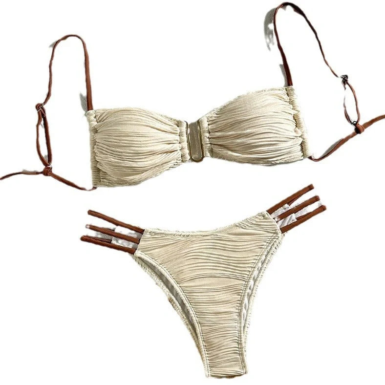 Women's striped polyester swimsuit in khaki, brown, white, black, or green for beach and hot spring activities