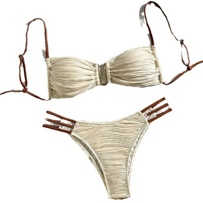 Women's striped polyester swimsuit in khaki, brown, white, black, or green for beach and hot spring activities