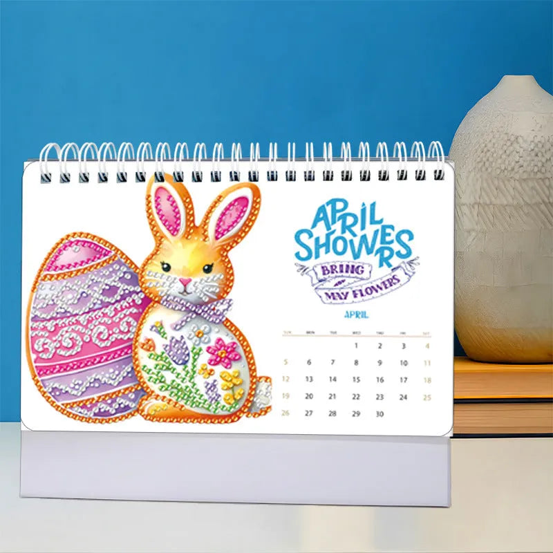 Cartoon desk calendar with stick-on crystals diamond painting on white card, frameless design, style options TL001-TL004