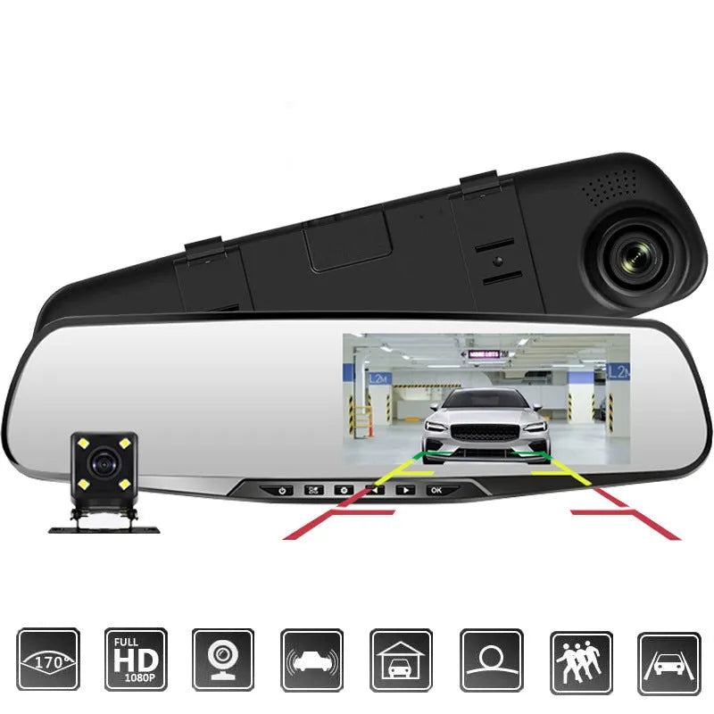 Car driving recorder with 4.3-inch screen mounted on rearview mirror, black colour, 170-degree wide-angle lens