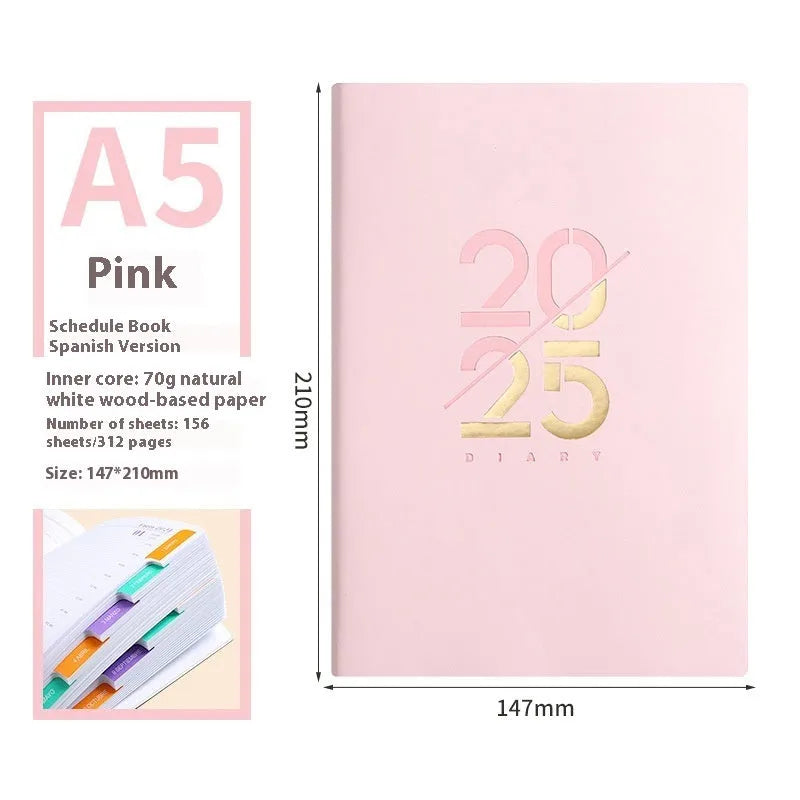 A5 2025 daily planner with soft faux leather cover in blue, green, pink, purple, or yellow.