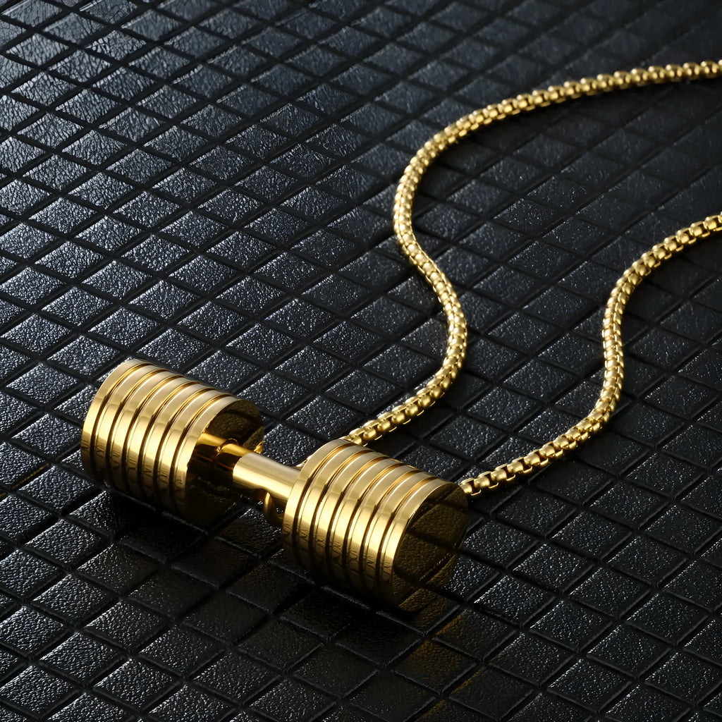 Multi-piece titanium steel dumbbell pendant necklace key body on pearl chain, unisex, 28mm width, steel colour