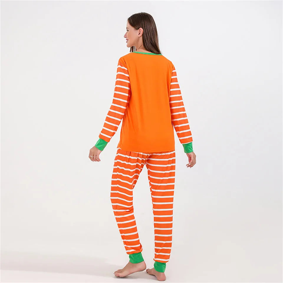 Orange cartoon print polyester family Halloween pajama set for parents and children
