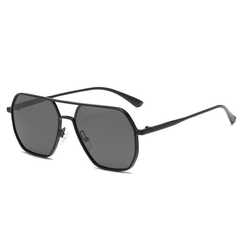 Men's polarised sunglasses with irregular frame in black, gold, or gunmetal with UV protection lenses.