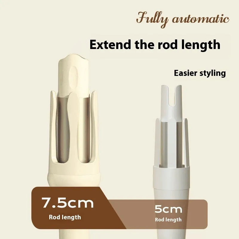 Automatic hair curler with white ceramic barrel on a stand, showing colour options.